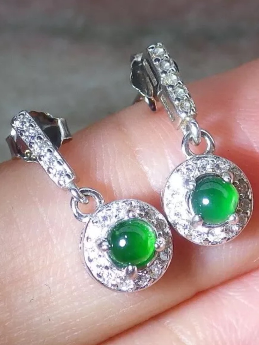 Sterling Silver 925 Green 100% A Jade jadeite Cabochon Earrings Dangle 耳环